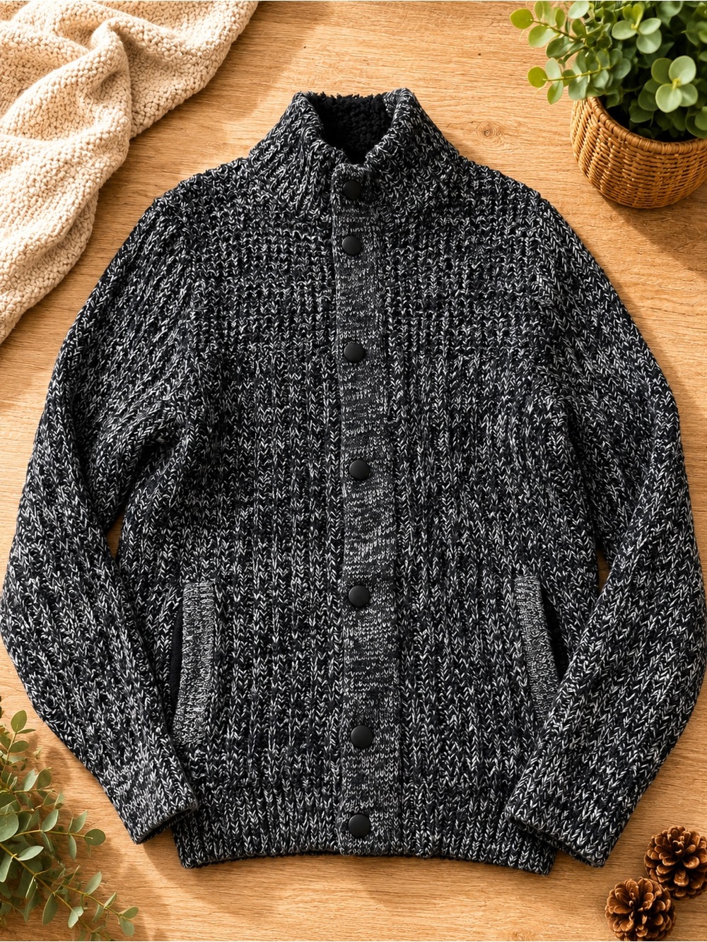 Express Men's Black & Gray Marled Button-Up Knit Sweater Jacket